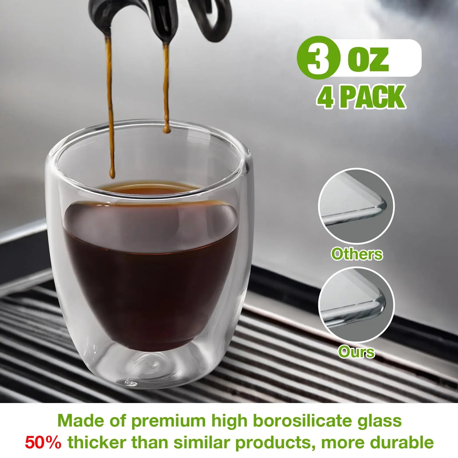 Double Walled Espresso Cups Set of 4 (50% Thicker), 3 Ounce Clear Expresso Coffee Mugs, Espresso Shot Glasses, Double Wall Insulated Espresso Cups Suit for Espresso Machine, Microwave Safe - Crema Peaks Coffee