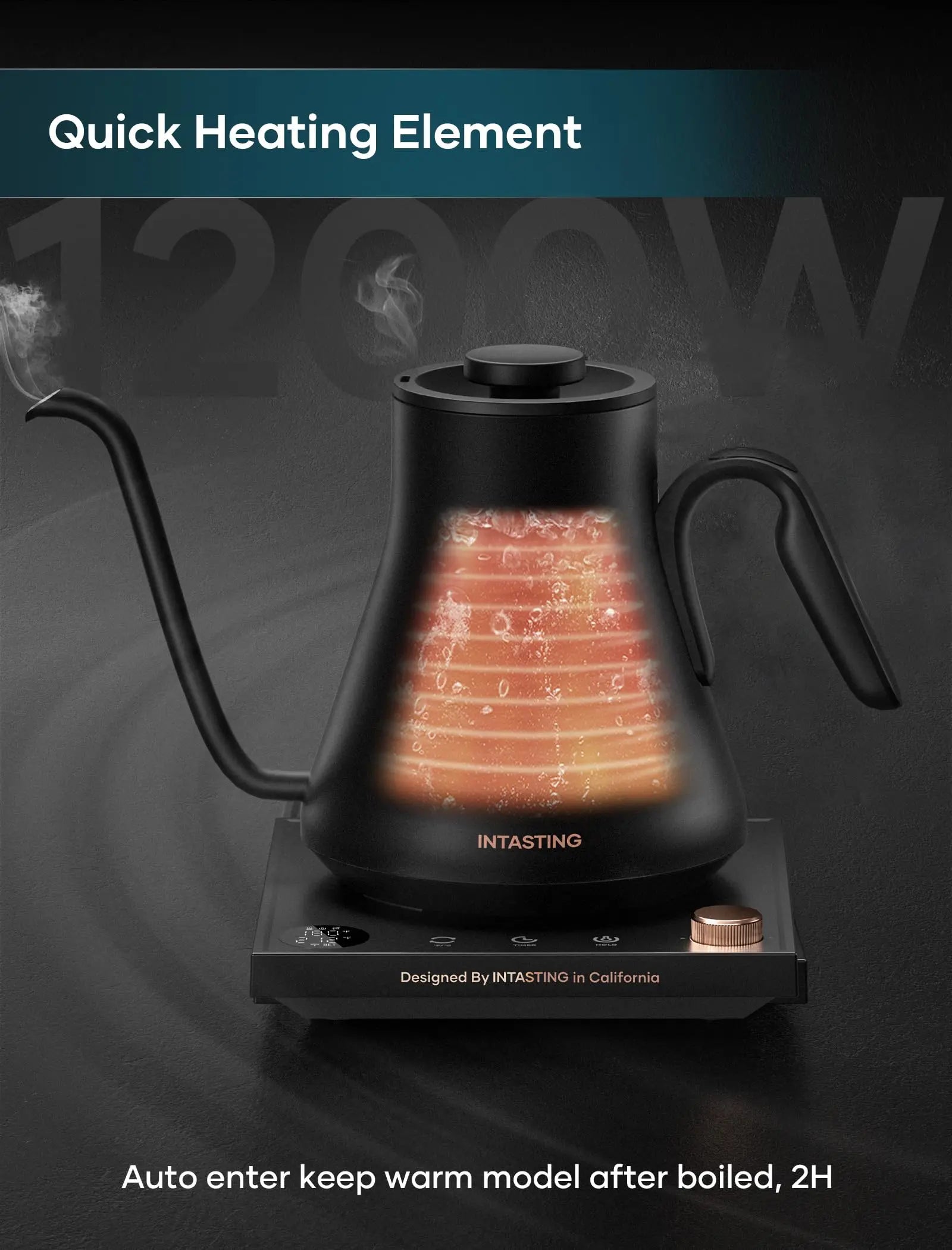 Electric Kettle, Gooseneck Electric Kettle, ±1℉ Precise Temperature Control, Stainless Steel Interior, Quick Heating for Pour Over Coffee, Tea & Boiling Water, 0.9L (Black) - Crema Peaks Coffee
