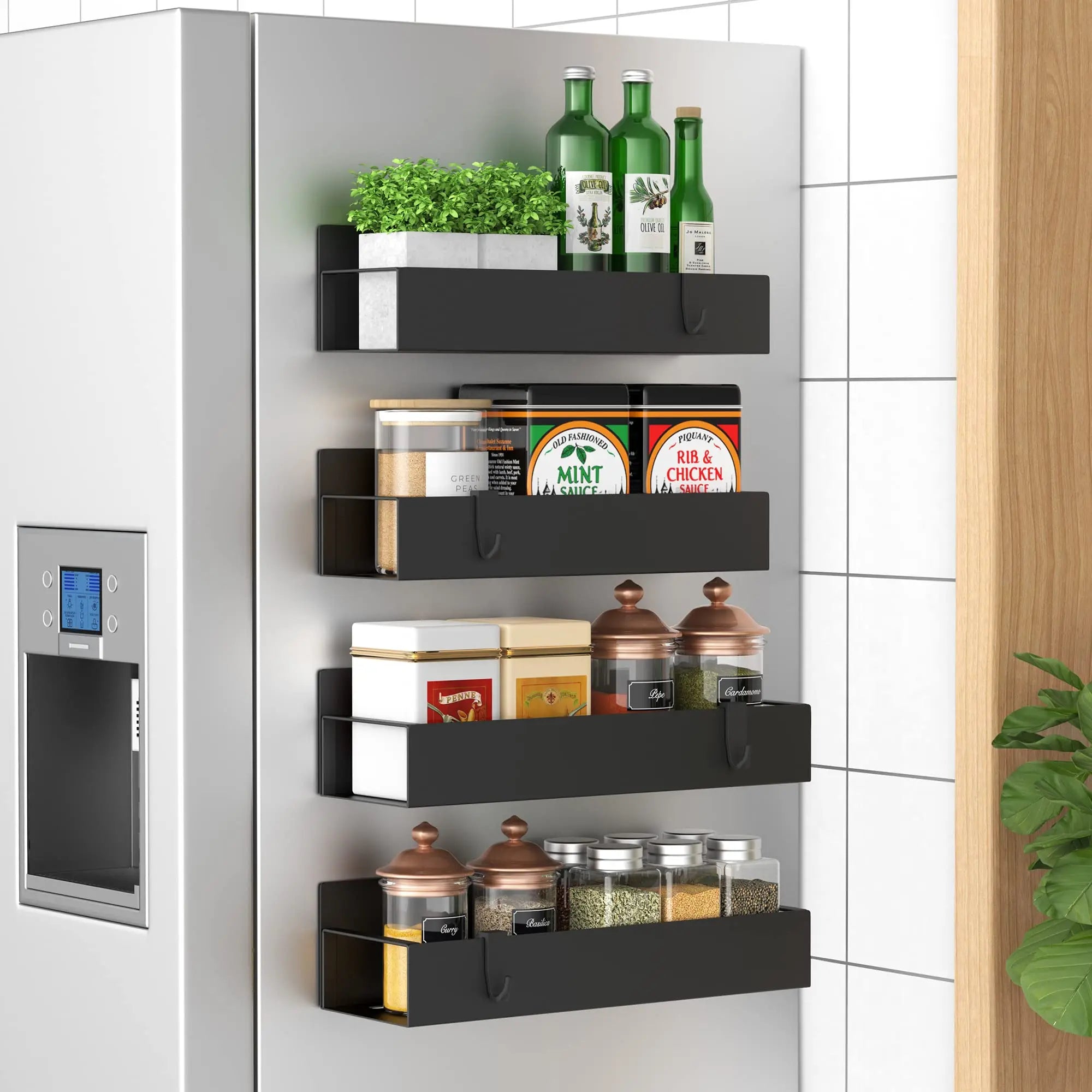 4 Pack Metal Magnetic Spice Storage Rack Organizer for Refrigerator and Oven, Black Fridge Organizers and Storage - Crema Peaks Coffee