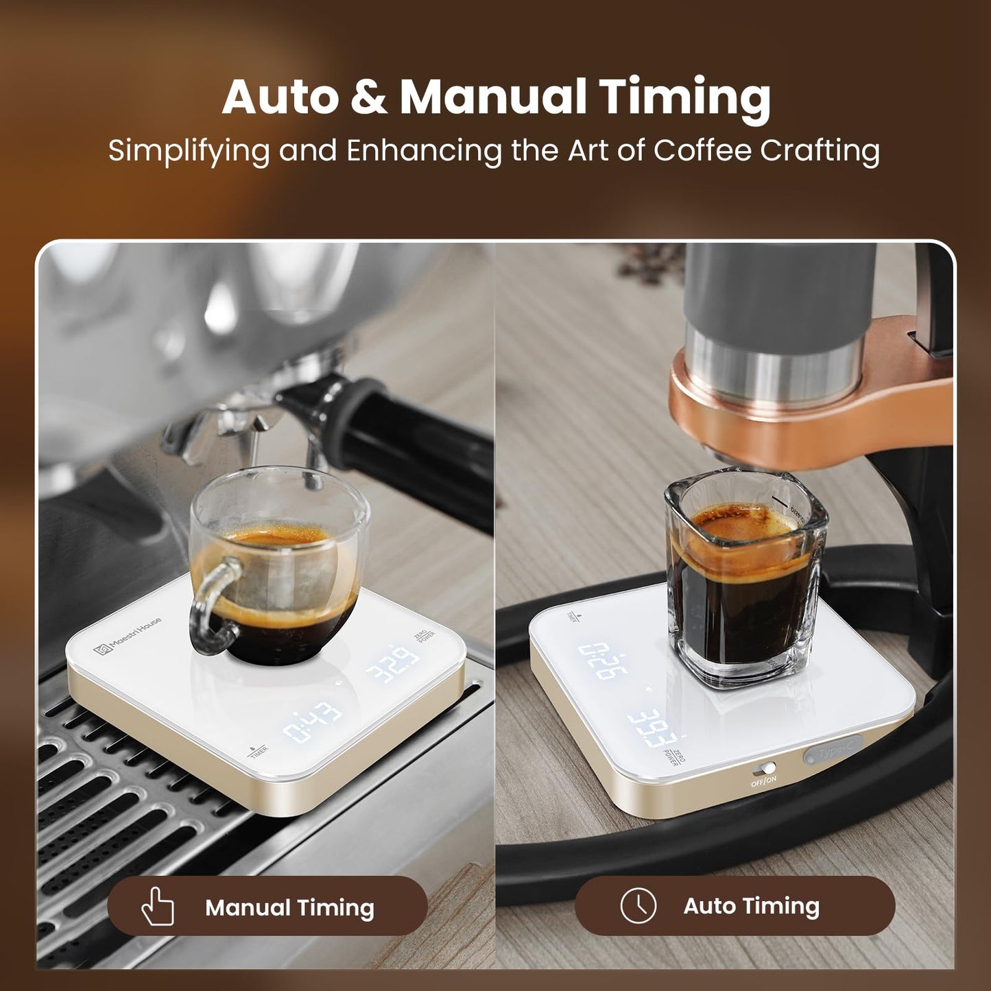 Maestri House Mini Coffee Scale with Timer, USB-C Rechargeable Espresso Scale, 2kg/0.1g Accurate Scale for Espresso and Pour-Over Coffee, Portable Digital Kitchen Scale with Auto Timer (Black&Silver)