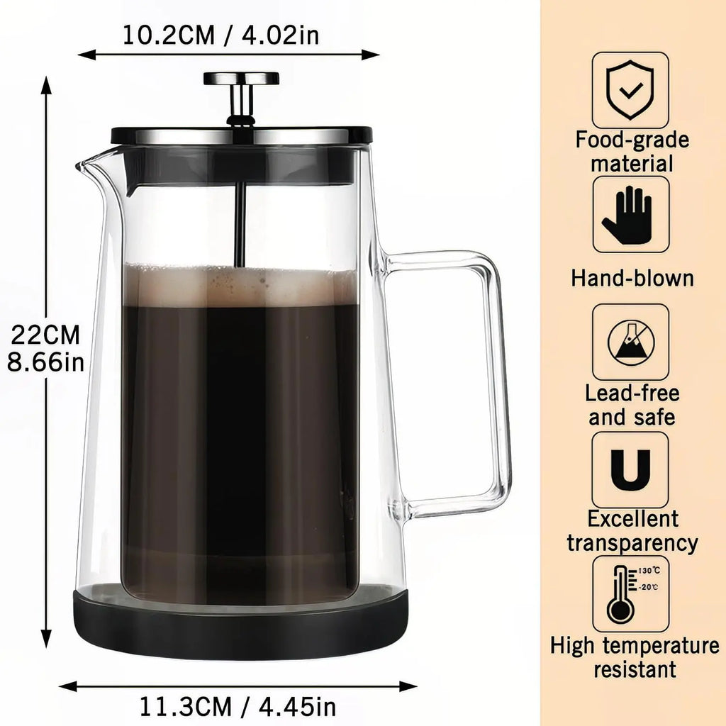French Press Coffee Maker 22Oz - Double-Wall Insulated Borosilicate Glass - Ergonomic Handle - Coffee Gift - Tea & Coffee Press - Crema Peaks Coffee