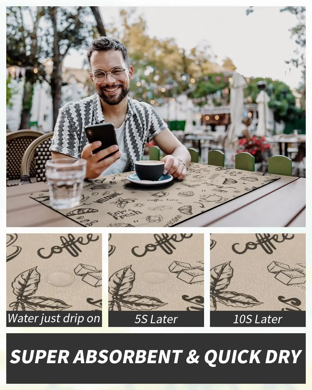 Coffee Mat Hide Stain Rubber Backed Absorbent Dish Drying Mat for Kitchen Counter -AMOAMI Mat Fits Under Coffee Maker or Machine - Crema Peaks Coffee