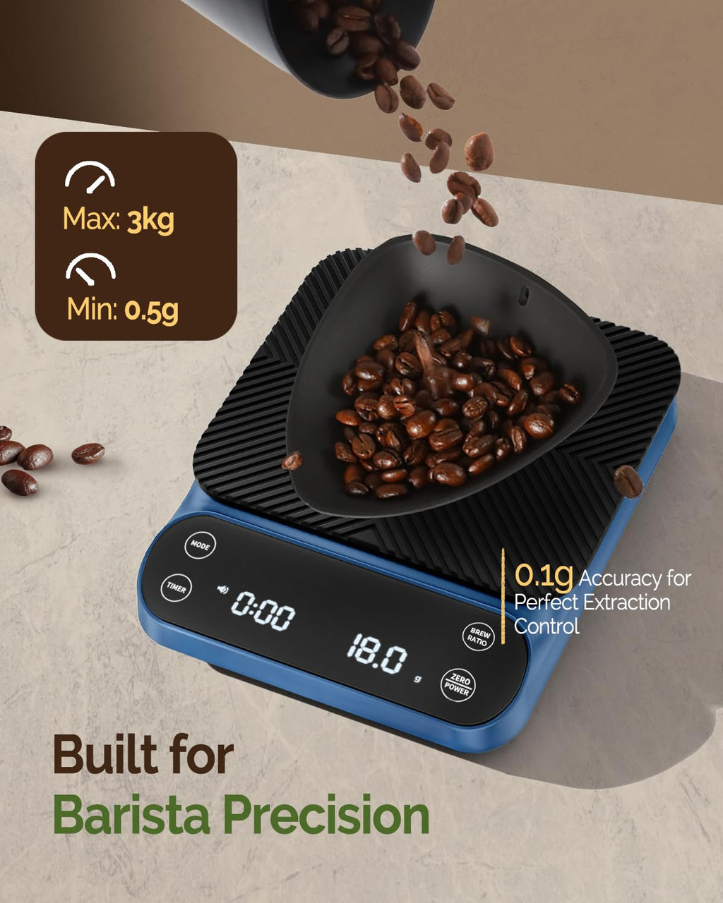 Maestri House S3 Coffee Scale with Timer, 3kg/0.1g Rechargeable Digital Scale, 3 Brew Modes, Adjustable Ratios & Flow Rate Display, Barista-Grade for Pour-Over, Espresso, French Press – Black - Crema Peaks Coffee