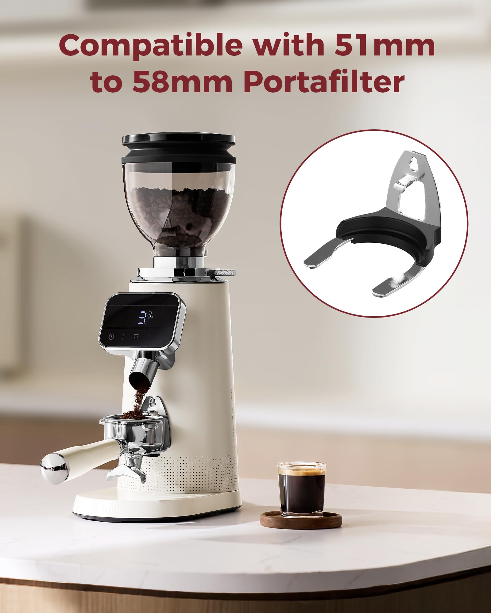 Tuni G3 coffee grinder 64mm Flat Burr Coffee Grinder, 100 Grind Settings Electric Espresso Grinder with Single Dose Set | Commercial Grade Precision, Touchscreen | Anti-Static Tech | Stainless Steel (Ivory) - Crema Peaks Coffee