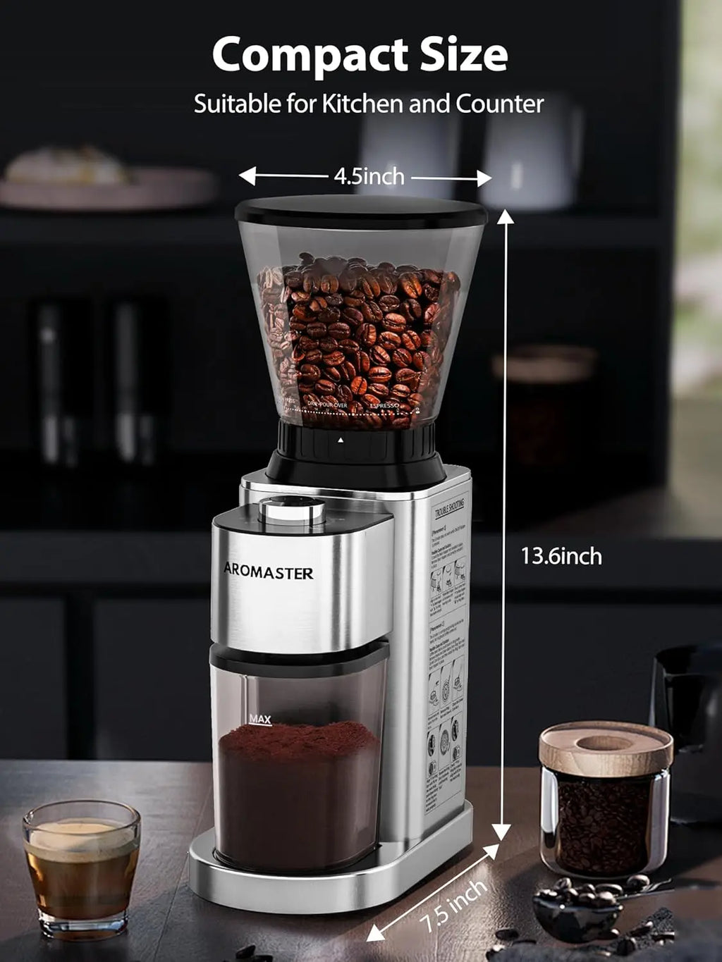 Aromaster Burr Coffee Grinder with 48 Gind Settings, Conical Coffee Bean Grinder for Home Use,Stainless Steel,40 Seconds Adjustable Timer,Anti-static,Easy to Clean with Brush - Crema Peaks Coffee