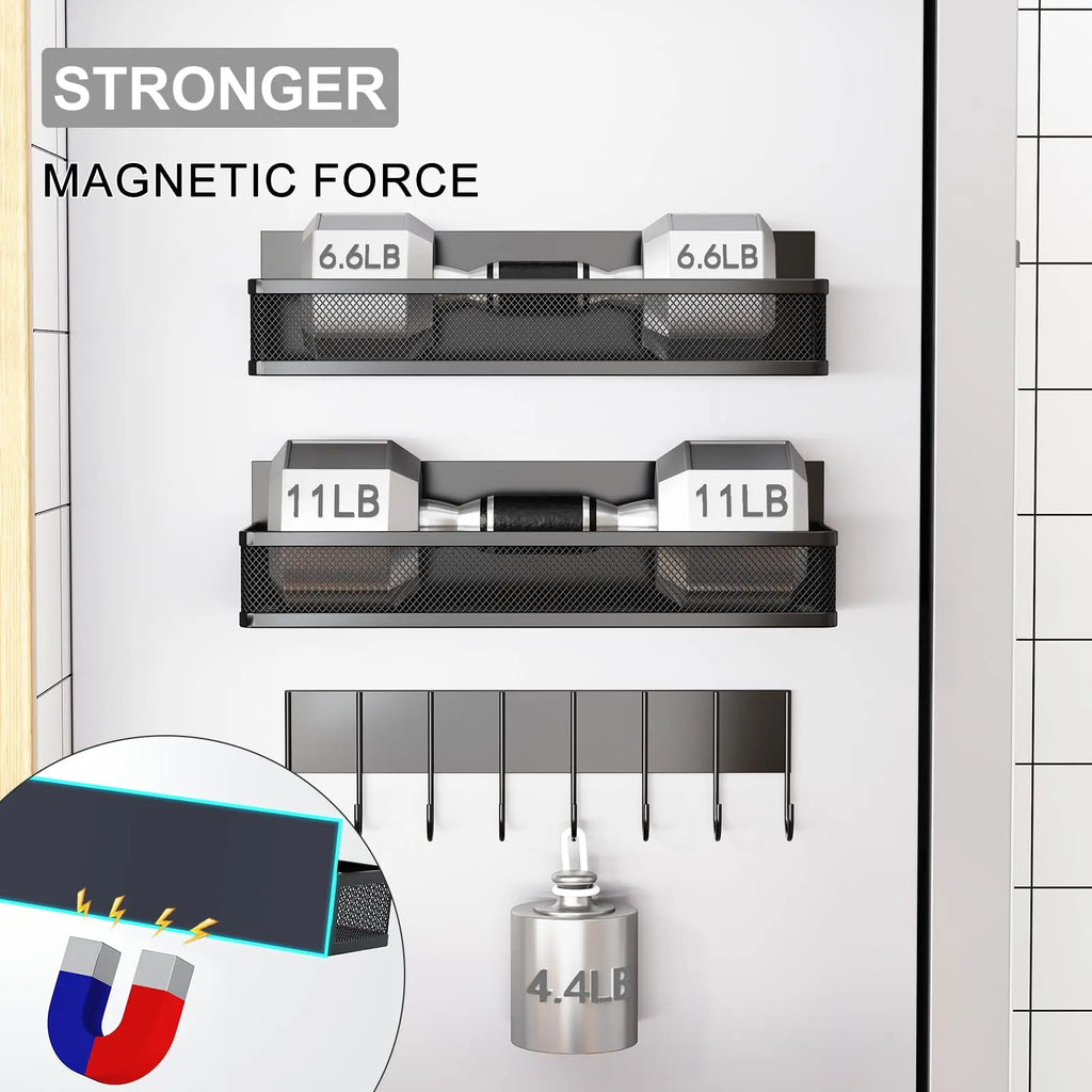 Magnetic Spice Rack for Refrigerator, 3 Pack Magnetic Shelf, Moveable Fridge Organizer with 8-Hook Rack, Seasoning Organizer for Kitchen - Crema Peaks Coffee