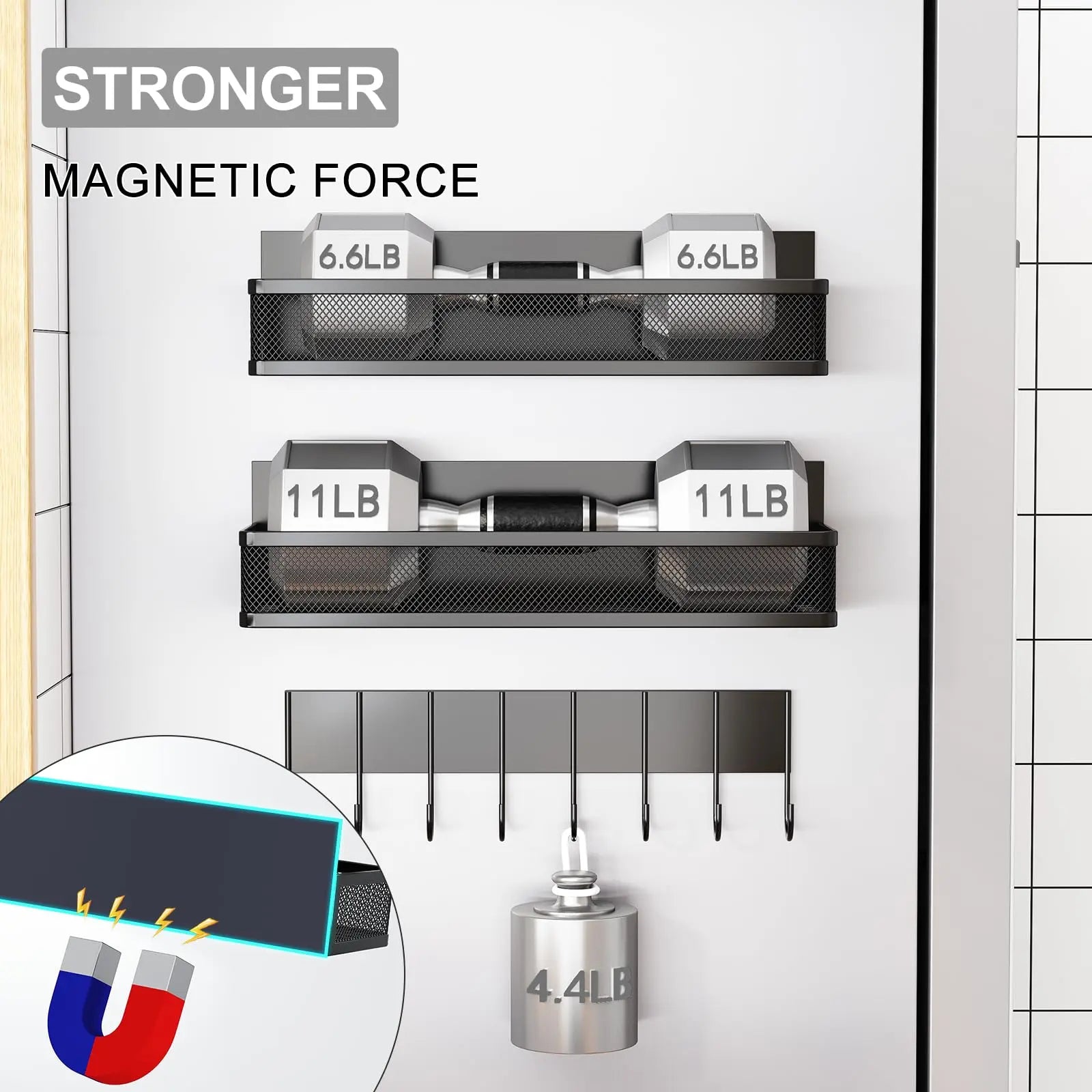 Magnetic Spice Rack for Refrigerator, 3 Pack Magnetic Shelf, Moveable Fridge Organizer with 8-Hook Rack, Seasoning Organizer for Kitchen - Crema Peaks Coffee