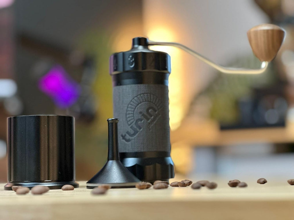 Turin H40 V2 Manual Coffee Grinder – 40mm Stainless Steel Burr, Adjustable for Espresso, Pour Over, French Press, Aluminum Body with Walnut Handle, Magnetic Dosing Cup, 30g Capacity - Crema Peaks Coffee