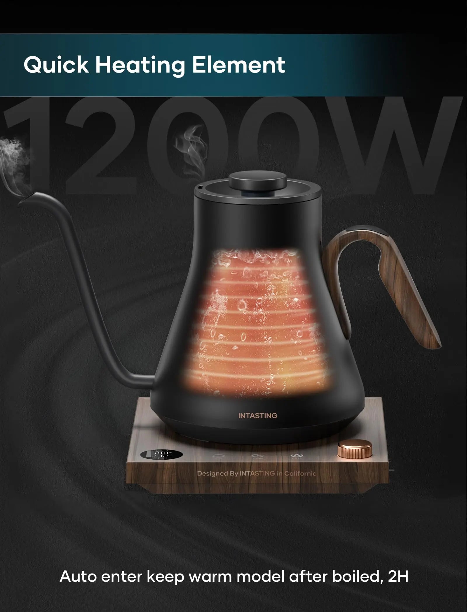 Electric Kettle, Gooseneck Electric Kettle, ±1℉ Precise Temperature Control, Stainless Steel Interior, Quick Heating for Pour Over Coffee, Tea & Boiling Water, 0.9L (Black) - Crema Peaks Coffee