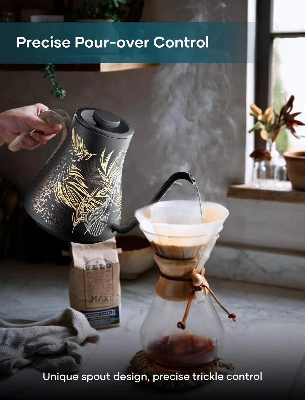 Electric Kettle, Gooseneck Electric Kettle, ±1℉ Precise Temperature Control, Stainless Steel Interior, Quick Heating for Pour Over Coffee, Tea & Boiling Water, 0.9L (Black) - Crema Peaks Coffee