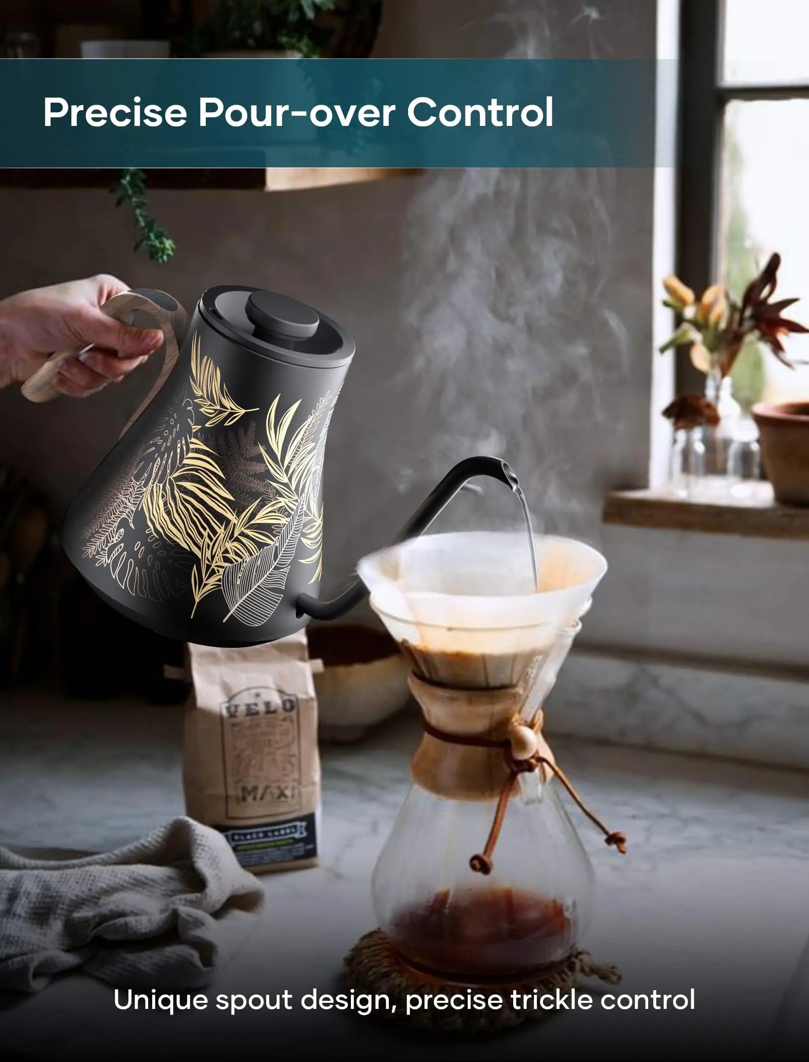 Electric Kettle, Gooseneck Electric Kettle, ±1℉ Precise Temperature Control, Stainless Steel Interior, Quick Heating for Pour Over Coffee, Tea & Boiling Water, 0.9L (Black) - Crema Peaks Coffee