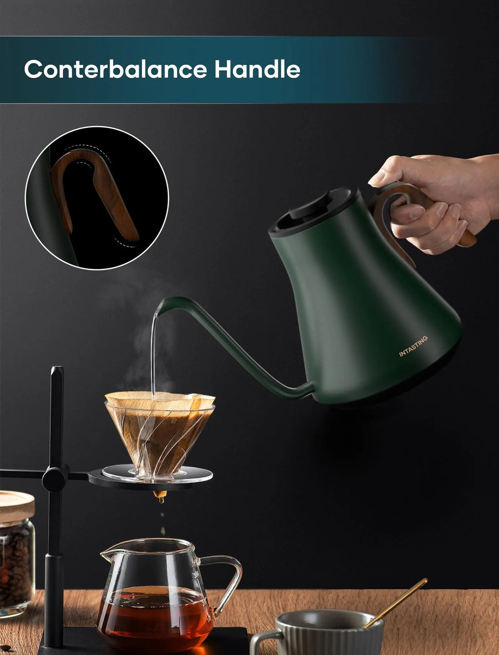 Electric Kettle, Gooseneck Electric Kettle, ±1℉ Precise Temperature Control, Stainless Steel Interior, Quick Heating for Pour Over Coffee, Tea & Boiling Water, 0.9L (Black) - Crema Peaks Coffee