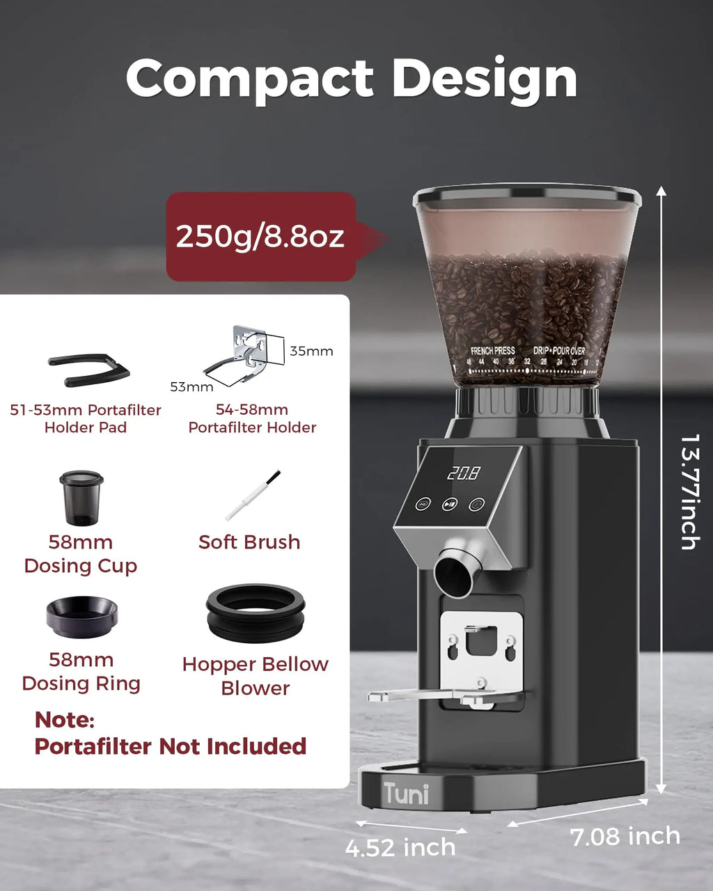 Tuni G1 Conical Burr Coffee Grinder, 48 Grind Settings Anti-static Burr Mill, Precision Electronic Timer and LED Touchscreen for Espresso/Drip/Cold Brew/French Press, Stainless Steel, Ivory - Crema Peaks Coffee