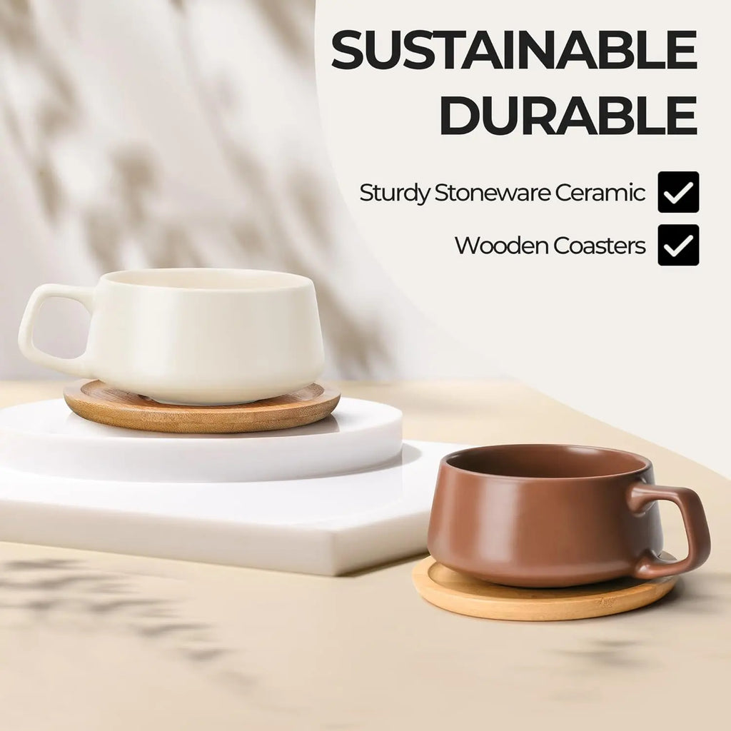 MIAMIO – 11 Oz., Set of 4 Ceramic Tea Cup and Saucer Bamboo/Tea Mug - Wide Cappuccino Cup, Coffee Cups Ceramic Mug for Cappuccino, Latte, Espresso & Americano - Luxe Collection (Beige Pastel) - Crema Peaks Coffee