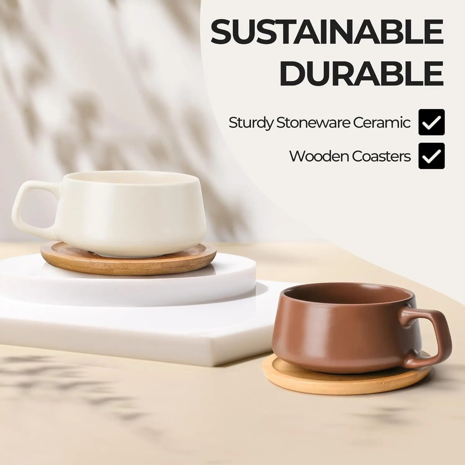 MIAMIO – 11 Oz., Set of 4 Ceramic Tea Cup and Saucer Bamboo/Tea Mug - Wide Cappuccino Cup, Coffee Cups Ceramic Mug for Cappuccino, Latte, Espresso & Americano - Luxe Collection (Beige Pastel) - Crema Peaks Coffee