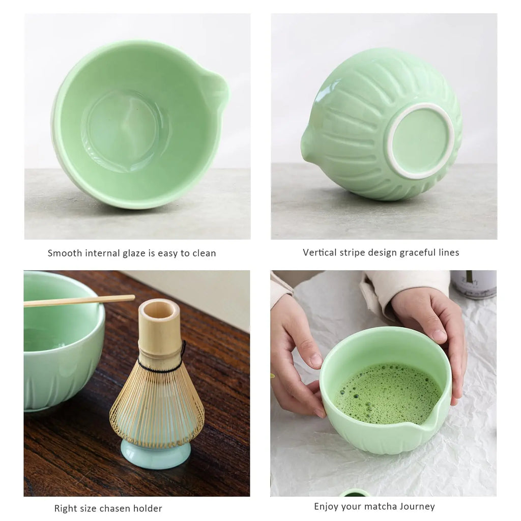 Matcha Set by TANG PIN - Match Bowl with Spout and Whisk, 15 OZ, Matcha Scoop | Matcha Whisk Stand (Chasen Holder) - 4pc Perfect Matcha Kit for Matcha Tea Ceremony (Green) - Crema Peaks Coffee