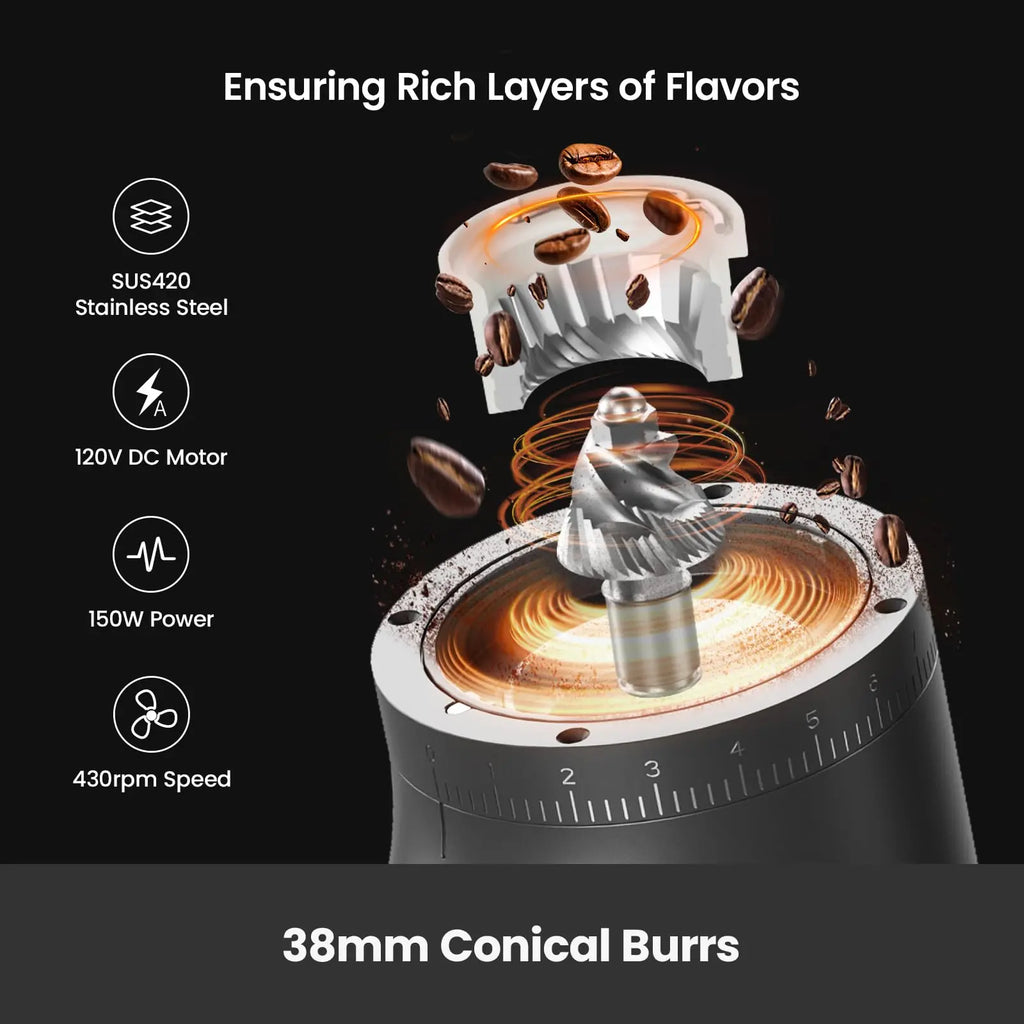 Gemilai Electric Conical Burr Coffee Grinder, Coffee Bean Grinder with Smart 60S Timer, 60 Precise Adjustable Grind Settings for Espresso, 2-12 Cup, Easy to Clean, Durable & Quiet, G9010B White - Crema Peaks Coffee