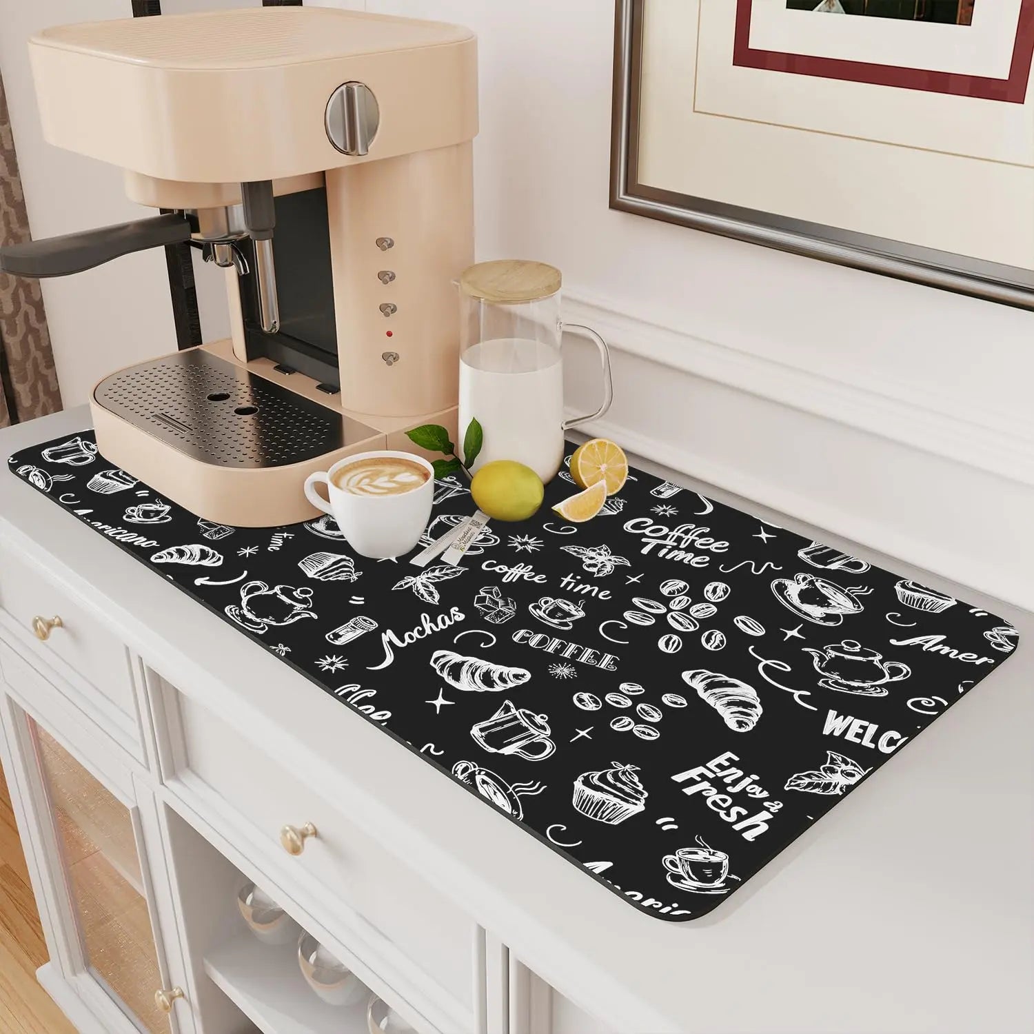 Coffee Mat Hide Stain Rubber Backed Absorbent Dish Drying Mat for Kitchen Counter -AMOAMI Mat Fits Under Coffee Maker or Machine - Crema Peaks Coffee