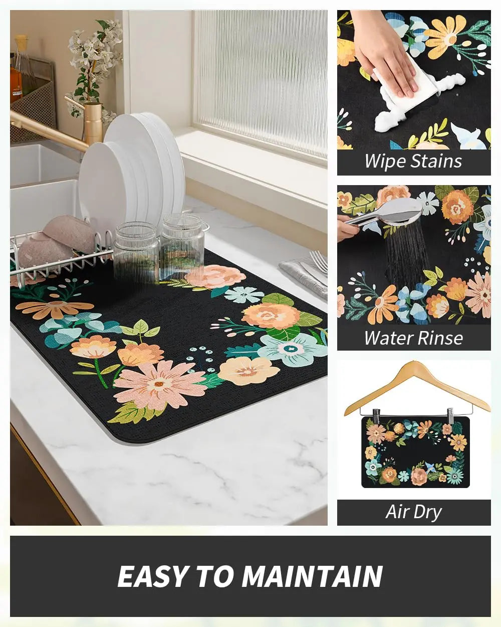Coffee Mat Hide Stain Rubber Backed Absorbent Dish Drying Mat for Kitchen Counter -AMOAMI Mat Fits Under Coffee Maker or Machine - Crema Peaks Coffee