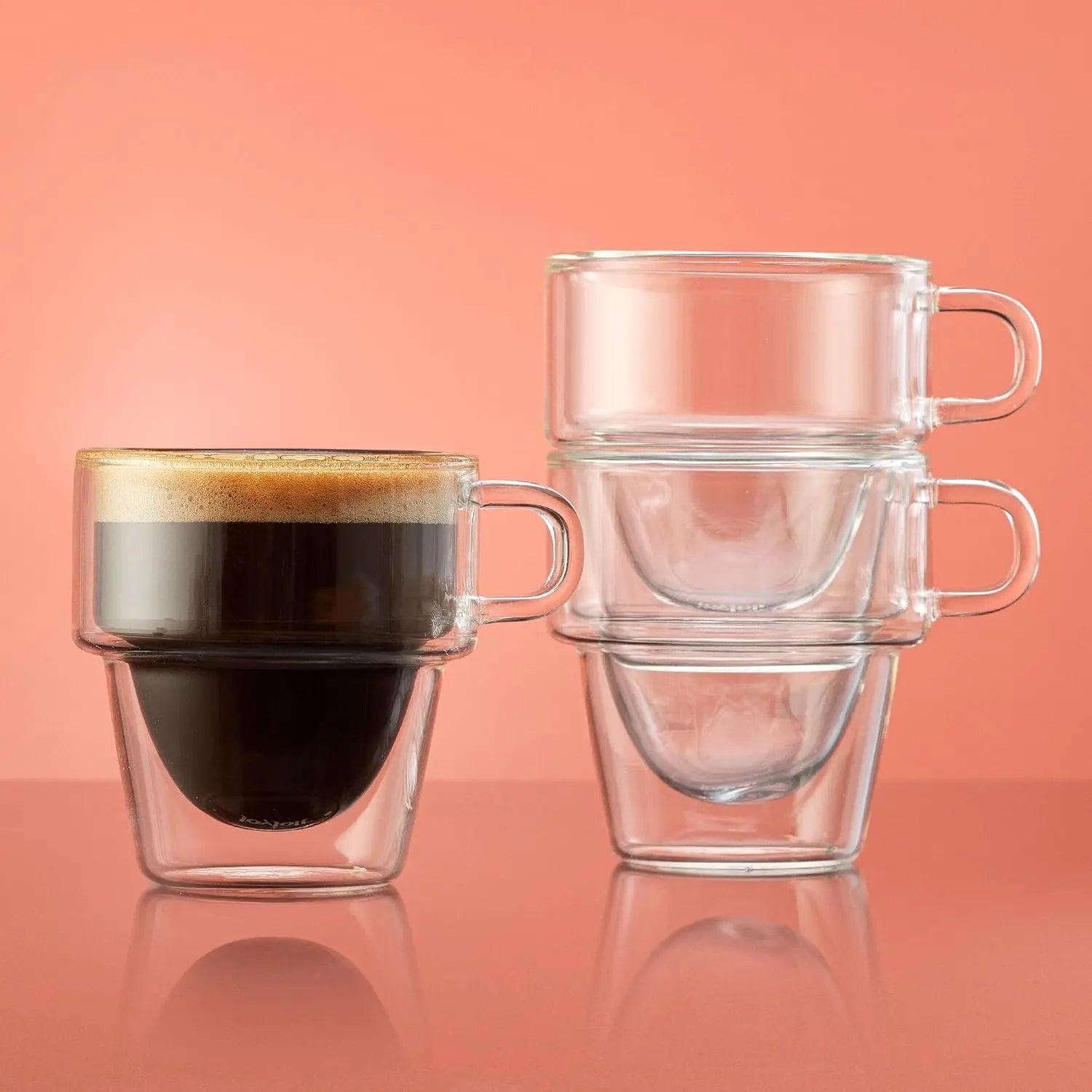 Double Wall Insulated Espresso Glass Cups by JoyJolt Stoiva – 5 oz. (150 ml) Shot Cup with Handle – Stackable Thermal Clear Glass Cups, Fit for Espresso Machine and Coffee Maker – Set of 4 - Crema Peaks Coffee
