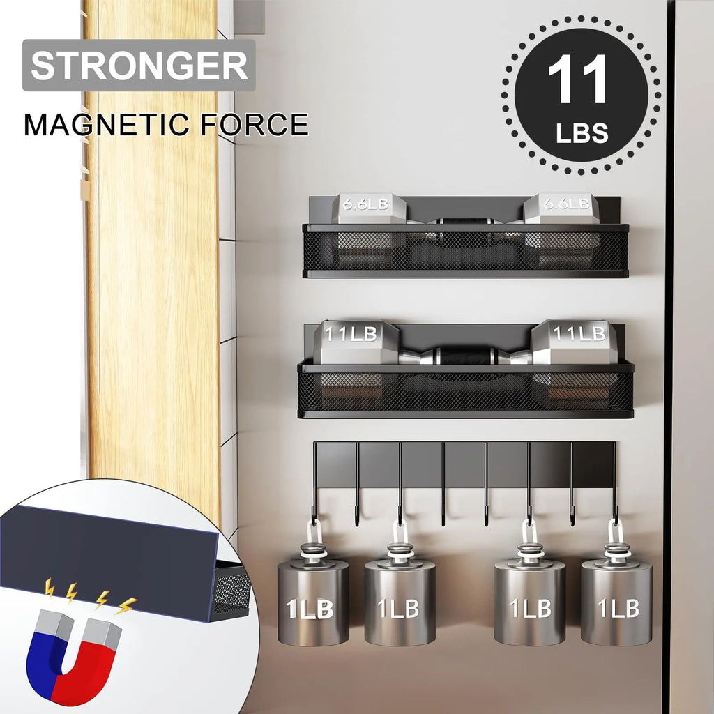 Magnetic Spice Rack for Refrigerator, 3 Pack Magnetic Shelf, Moveable Fridge Organizer with 8-Hook Rack, Seasoning Organizer for Kitchen - Crema Peaks Coffee