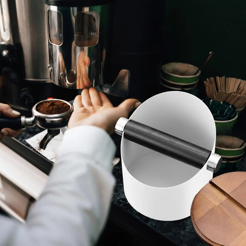 Espresso Knock Box with Walnut Lid for Coffee Grounds, Espresso Machine Accessory, Easy Disposal of Coffee Pucks, Removable Knock Bar(White,Round) - Crema Peaks Coffee