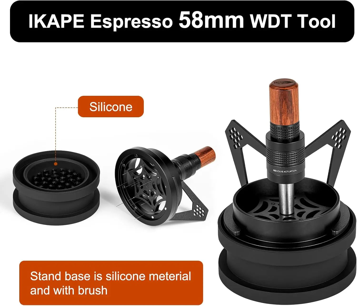 WDT Distribution Tool with Clean Brush, 58.5mm Espresso Stirrer Distribution Tool for Barista, 8 Needle Espresso Stirrer with Dosing Funnel & Stand, Adjustable Needle Height, Walnut Handle, IKAPE Mantis - Crema Peaks Coffee