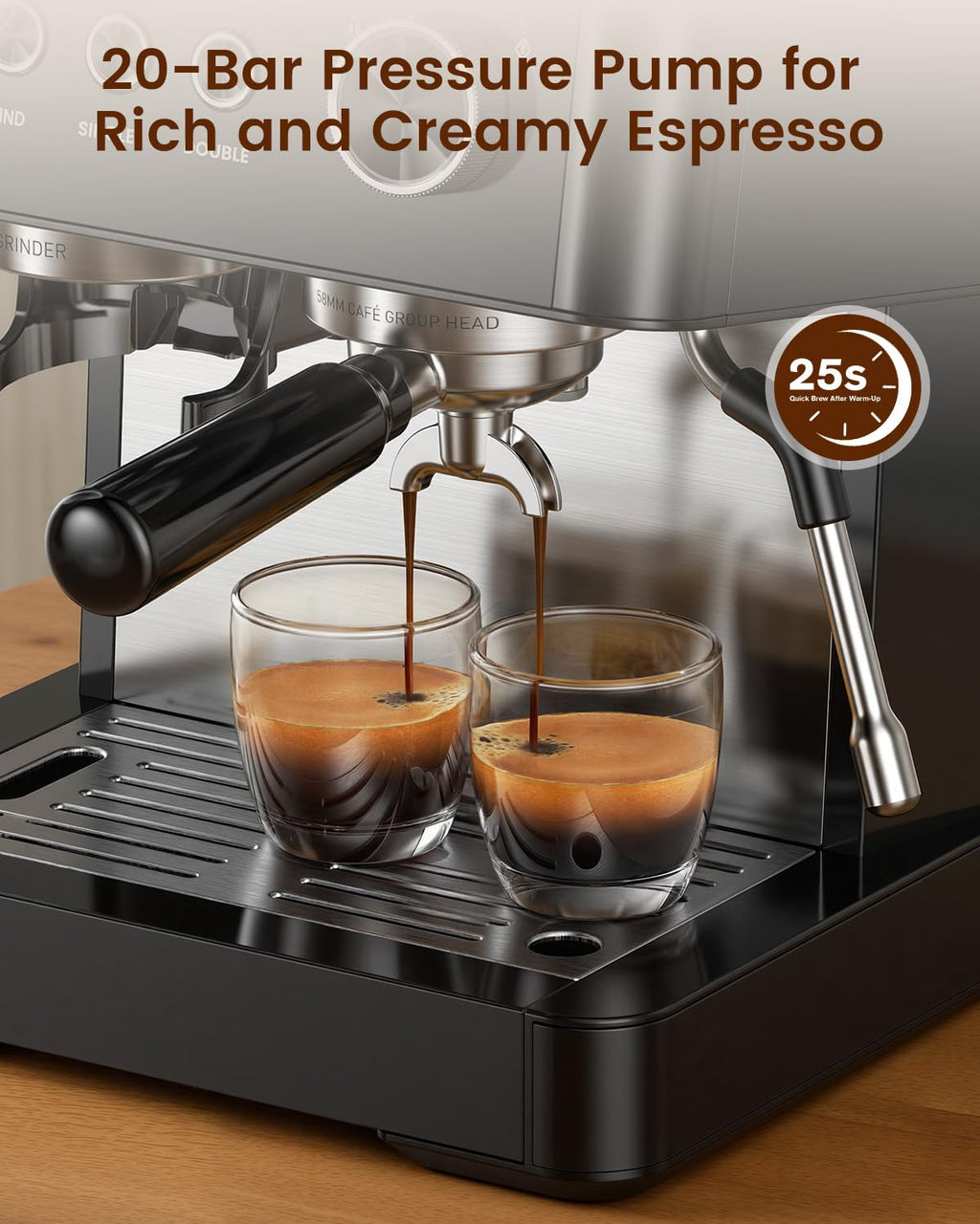 (2026 Upgrade) 15 Bar Espresso Machine with Built-in Anti-Clog Coffee Grinder, Expresso Coffee Machines with Milk Steam Wand/Frother/Tamping Tools,Espresso Maker with Grinder for Lattes-Almond