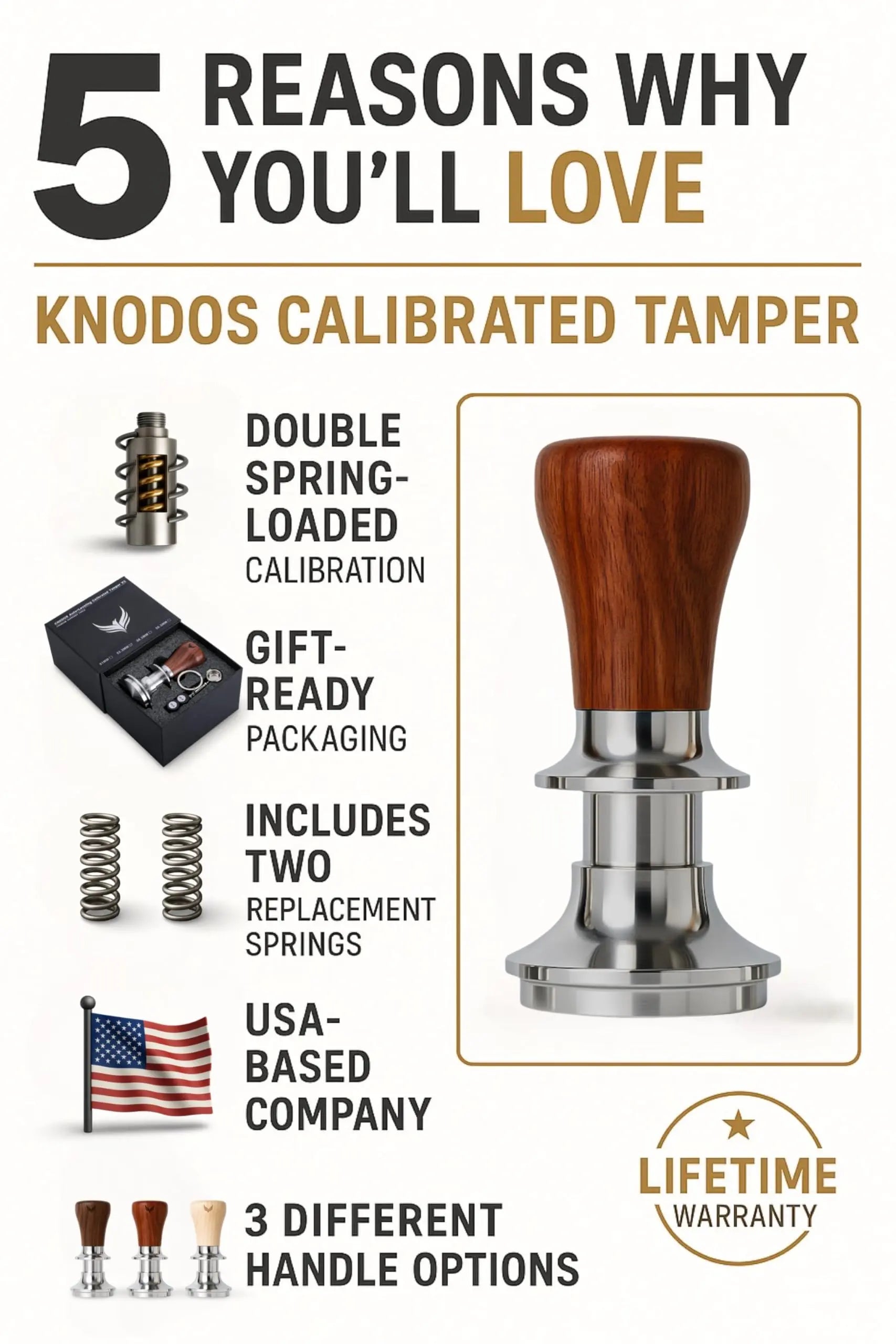 58mm Tamper For Espresso Machines V2 KNODOS Rosewood Self Leveling and Double Spring Loaded Design Calibrated Coffee Tamper With Gift Box - Crema Peaks Coffee