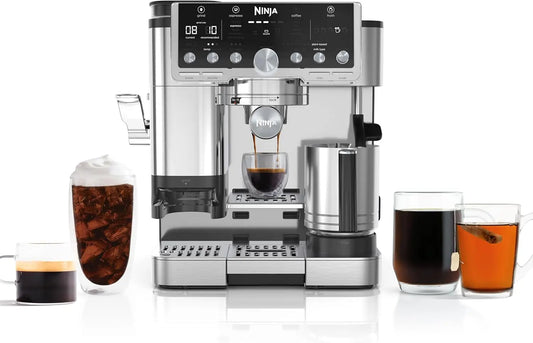 Ninja Luxe Café Pro Series, Espresso Machine, Drip Coffee, Cold Brew, Hot Water, Integrated Tamper, Built-in Grinder, Hands-Free Frother for Cappuccinos, Lattes, Americanos, Dairy or Non-Dairy, ES701 - Crema Peaks Coffee