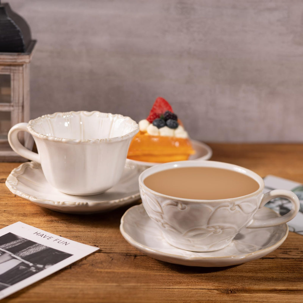 12 OZ Latte Cup with Saucer, Cappuccino Cup Vintage Cafe Art Cups for Espresso Turkish Coffee, Farmhouse Latte Mugs Tea Cups and Saucers Porcelain Set for Christmas Thanksgiving Day Gift - Crema Peaks Coffee