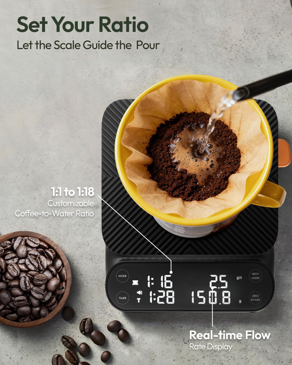 Maestri House S3 Coffee Scale with Timer, 3kg/0.1g Rechargeable Digital Scale, 3 Brew Modes, Adjustable Ratios & Flow Rate Display, Barista-Grade for Pour-Over, Espresso, French Press – Black - Crema Peaks Coffee