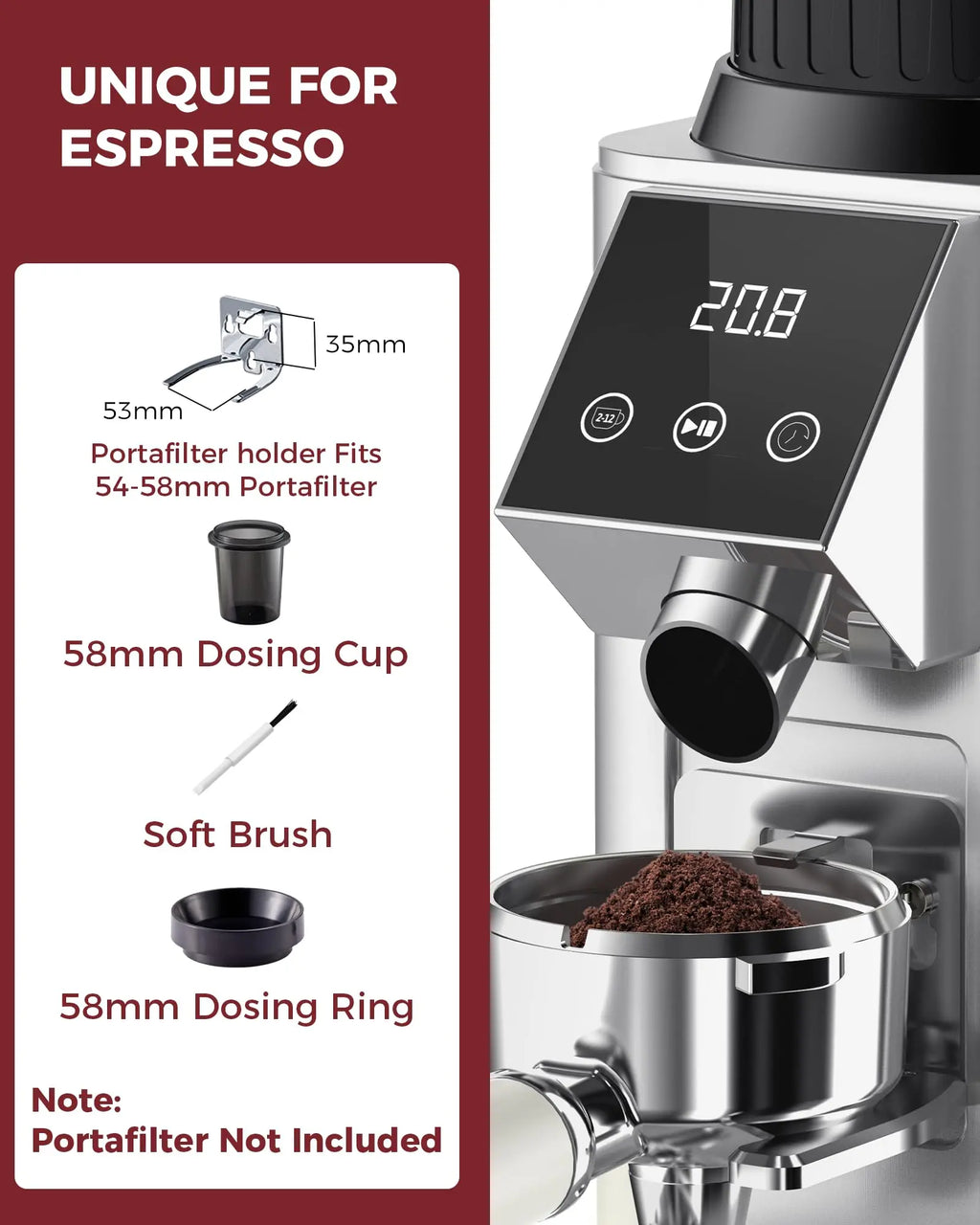 Tuni G1 Conical Burr Coffee Grinder, 48 Grind Settings Anti-static Burr Mill, Precision Electronic Timer and LED Touchscreen for Espresso/Drip/Cold Brew/French Press, Stainless Steel, Ivory - Crema Peaks Coffee