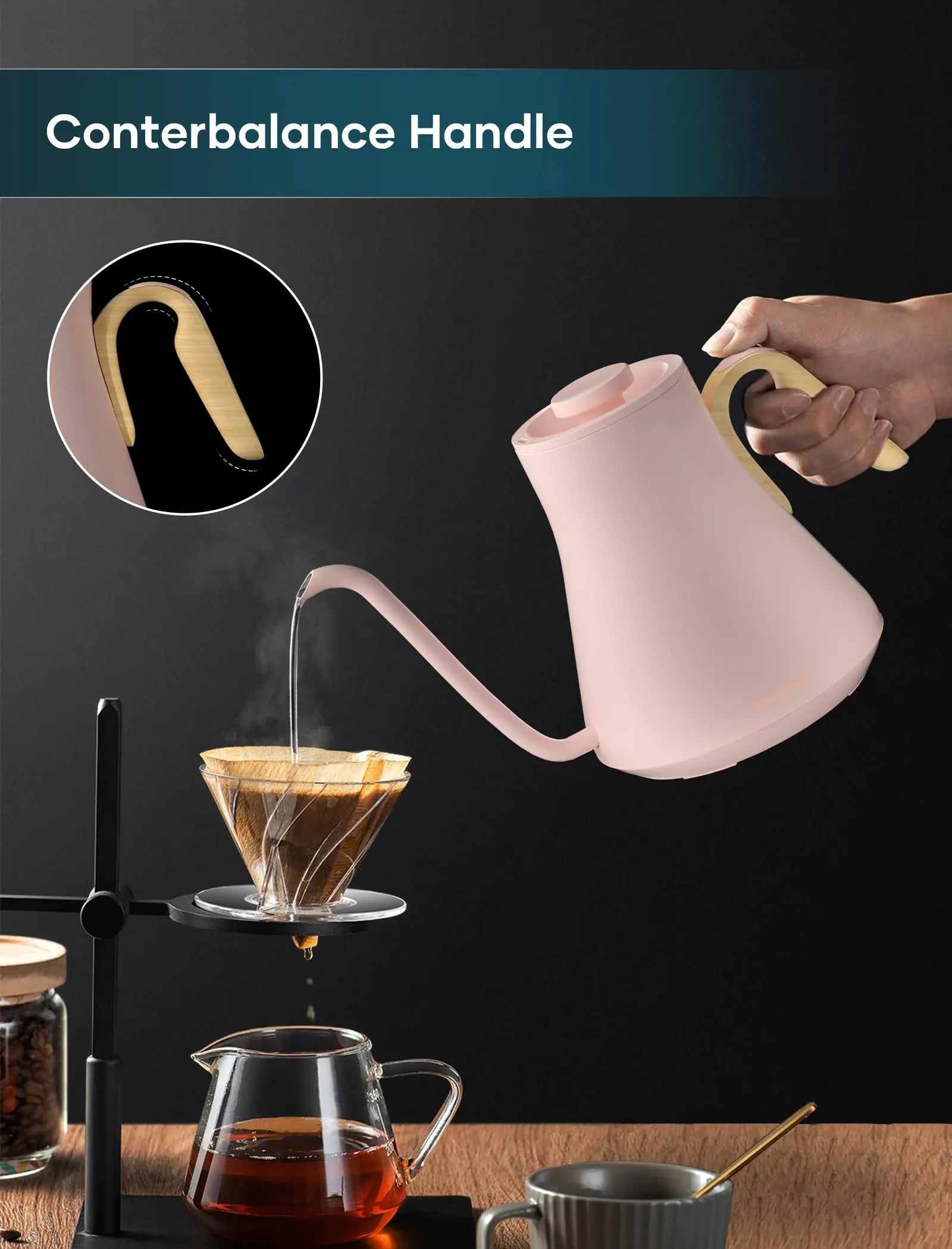 Electric Kettle, Gooseneck Electric Kettle, ±1℉ Precise Temperature Control, Stainless Steel Interior, Quick Heating for Pour Over Coffee, Tea & Boiling Water, 0.9L (Black) - Crema Peaks Coffee