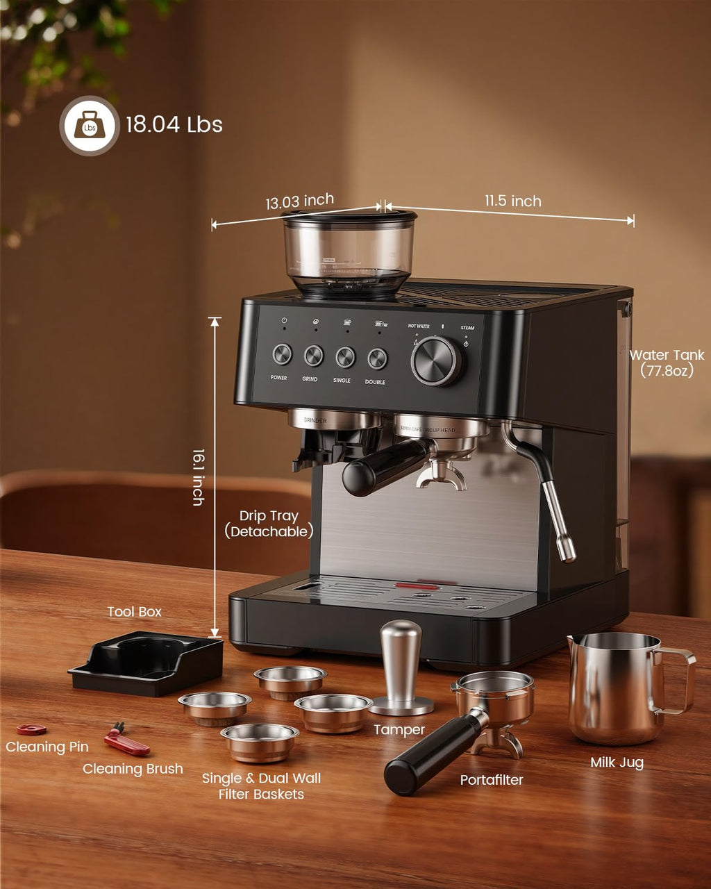 (2026 Upgrade) 15 Bar Espresso Machine with Built-in Anti-Clog Coffee Grinder, Expresso Coffee Machines with Milk Steam Wand/Frother/Tamping Tools,Espresso Maker with Grinder for Lattes-Almond
