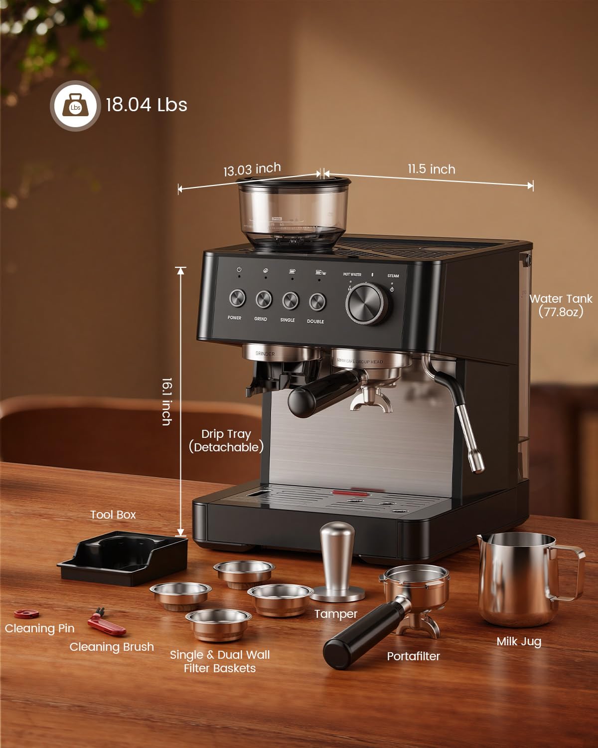 (2026 Upgrade) 15 Bar Espresso Machine with Built-in Anti-Clog Coffee Grinder, Expresso Coffee Machines with Milk Steam Wand/Frother/Tamping Tools,Espresso Maker with Grinder for Lattes-Almond