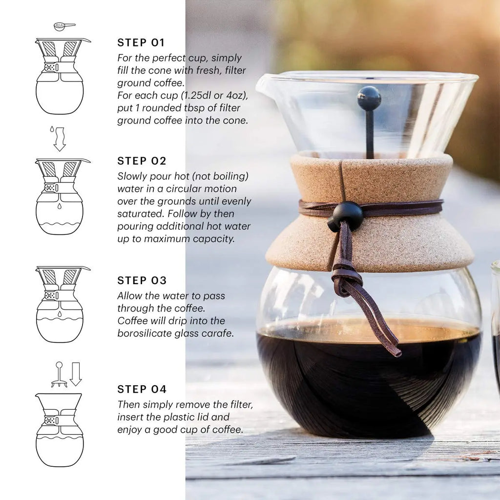 Bodum 34oz Pour Over Coffee Maker, High-Heat Borosilicate Glass with Reusable Stainless Steel Filter and Cork Grip - Made in Portugal - Crema Peaks Coffee