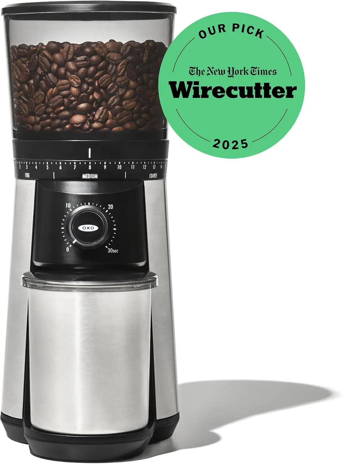 OXO Brew Conical Burr Coffee Grinder - Silver, Stainless Steel Burrs, One-Touch Automatic Smart Grind - Crema Peaks Coffee