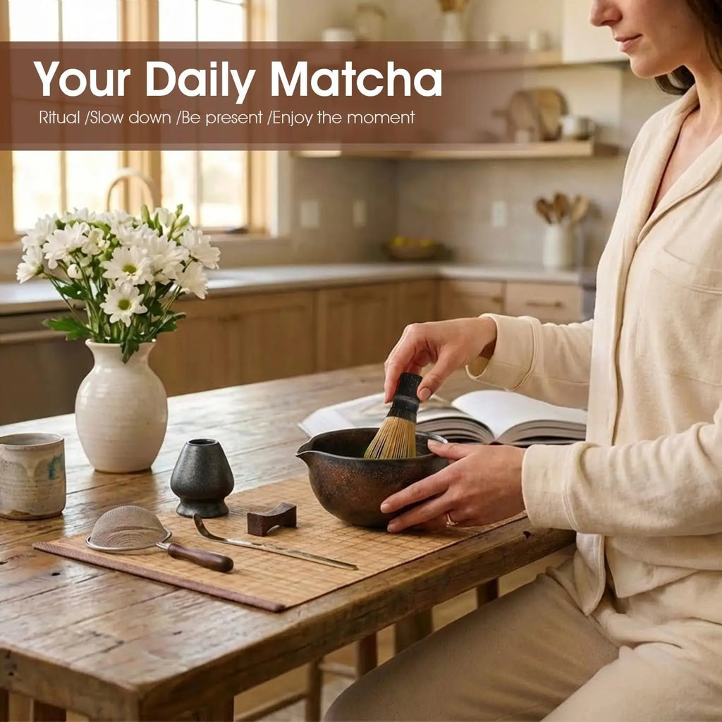 7-Piece Matcha Set with Ceramic Matcha Bowl, Bamboo Whisk (Chasen) & Holder, Sifter, Tea Scoop & Rest, Special Bamboo Tea Mat - Perfect Matcha Kit for Matcha Lovers & Gift Giving, Gilded - Crema Peaks Coffee