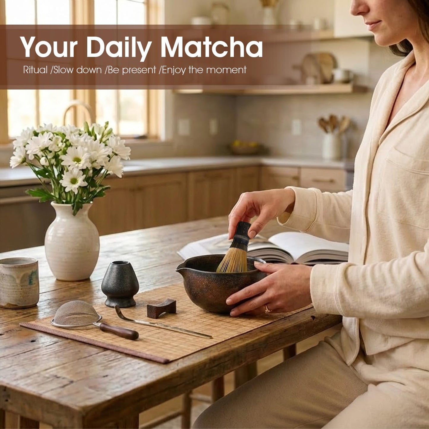 7-Piece Matcha Set with Ceramic Matcha Bowl, Bamboo Whisk (Chasen) & Holder, Sifter, Tea Scoop & Rest, Special Bamboo Tea Mat - Perfect Matcha Kit for Matcha Lovers & Gift Giving, Gilded