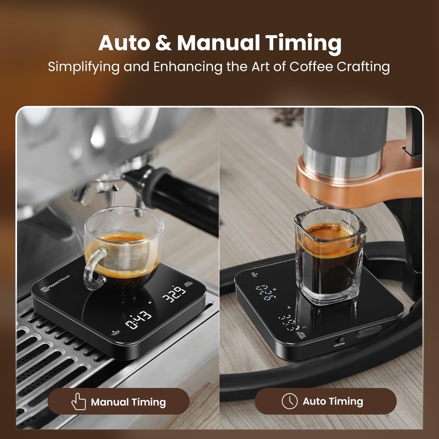 Maestri House Mini Coffee Scale with Timer, USB-C Rechargeable Espresso Scale, 2kg/0.1g Accurate Scale for Espresso and Pour-Over Coffee, Portable Digital Kitchen Scale with Auto Timer (Black&Silver)