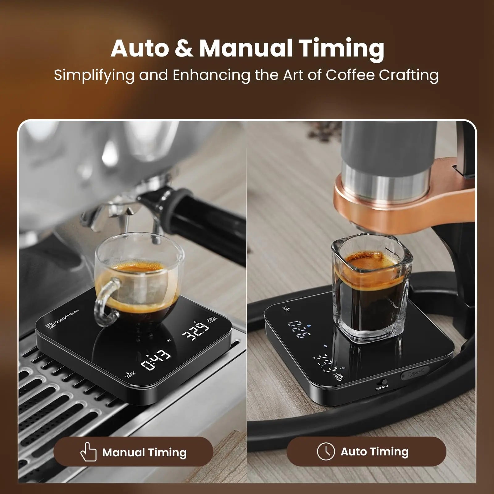 Maestri House Mini Coffee Scale with Timer, USB-C Rechargeable Espresso Scale, 2kg/0.1g Accurate Scale for Espresso and Pour-Over Coffee, Portable Digital Kitchen Scale with Auto Timer (Black&Silver) - Crema Peaks Coffee