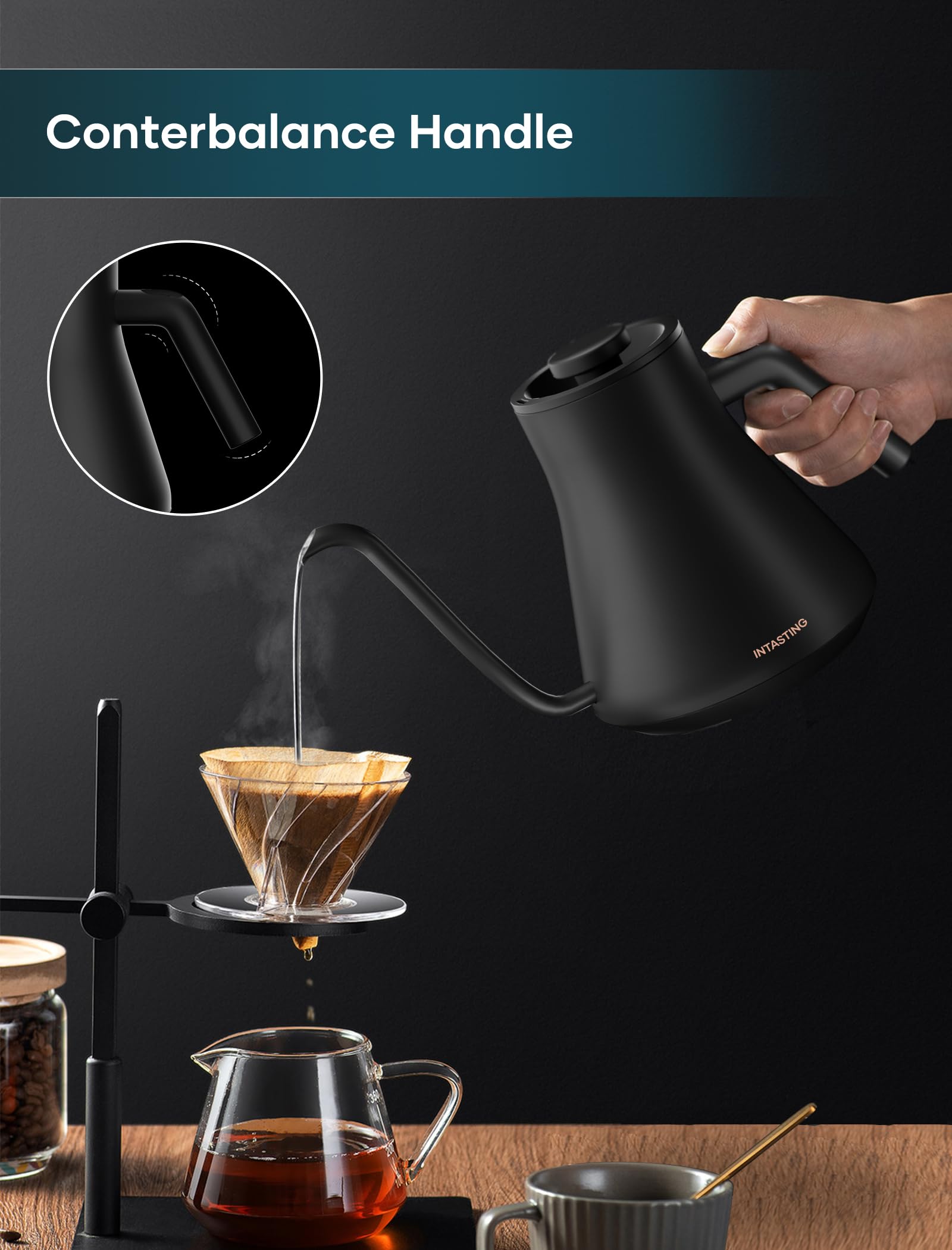INTASTING Electric Kettles, Gooseneck Electric Kettle, ±1℉ Temperature Control, Stainless Steel Inner, Quick Heating, for Pour Over Coffee, Brew Tea, Boil Hot Water, 0.9L Dark Grey
