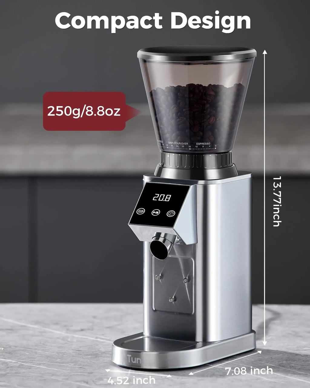 Tuni G1 Conical Burr Coffee Grinder, 48 Grind Settings Anti-static Burr Mill, Precision Electronic Timer and LED Touchscreen for Espresso/Drip/Cold Brew/French Press, Stainless Steel, Ivory - Crema Peaks Coffee