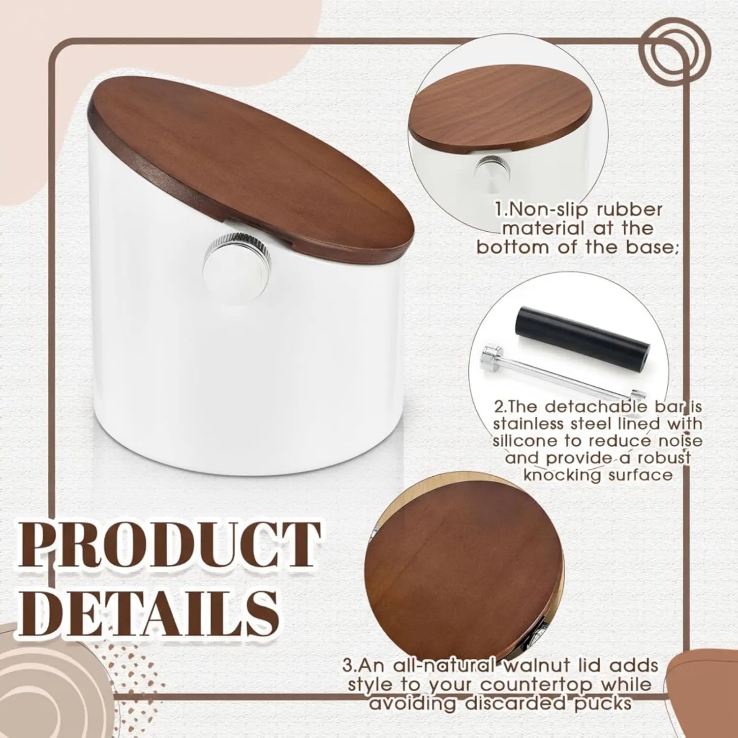 Espresso Knock Box with Walnut Lid for Coffee Grounds, Espresso Machine Accessory, Easy Disposal of Coffee Pucks, Removable Knock Bar(White,Round) - Crema Peaks Coffee