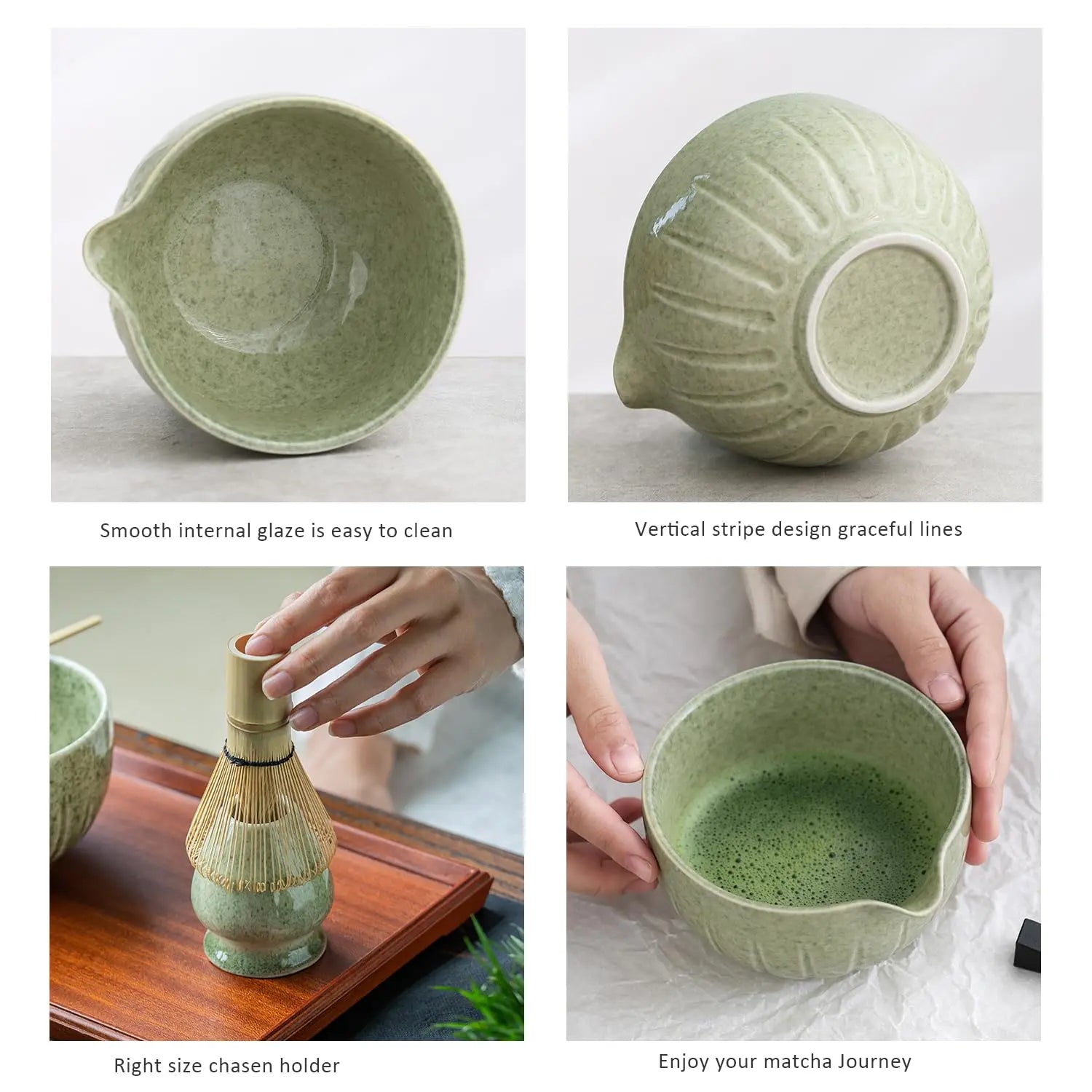 Matcha Set by TANG PIN - Match Bowl with Spout and Whisk, 15 OZ, Matcha Scoop | Matcha Whisk Stand (Chasen Holder) - 4pc Perfect Matcha Kit for Matcha Tea Ceremony (Green) - Crema Peaks Coffee