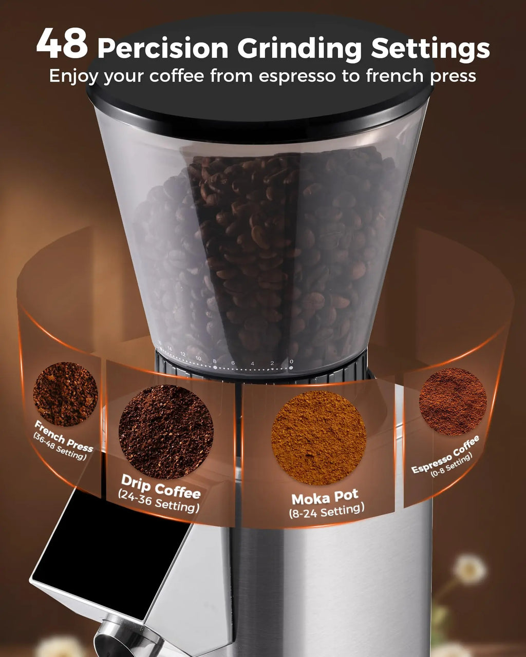 Tuni G1 Conical Burr Coffee Grinder, 48 Grind Settings Anti-static Burr Mill, Precision Electronic Timer and LED Touchscreen for Espresso/Drip/Cold Brew/French Press, Stainless Steel, Ivory - Crema Peaks Coffee