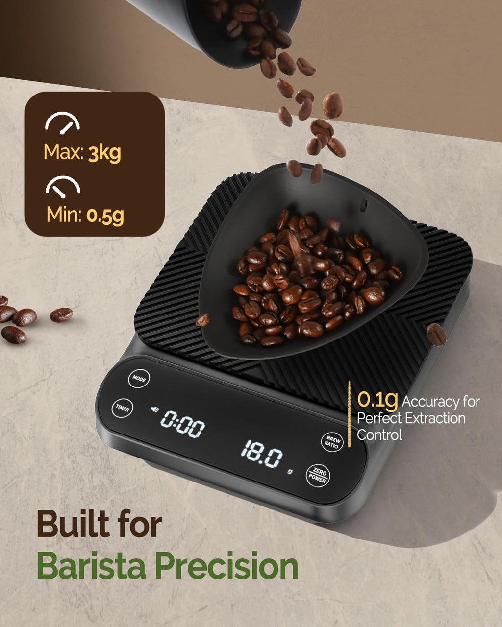 Maestri House S3 Coffee Scale with Timer, 3kg/0.1g Rechargeable Digital Scale, 3 Brew Modes, Adjustable Ratios & Flow Rate Display, Barista-Grade for Pour-Over, Espresso, French Press – Black - Crema Peaks Coffee