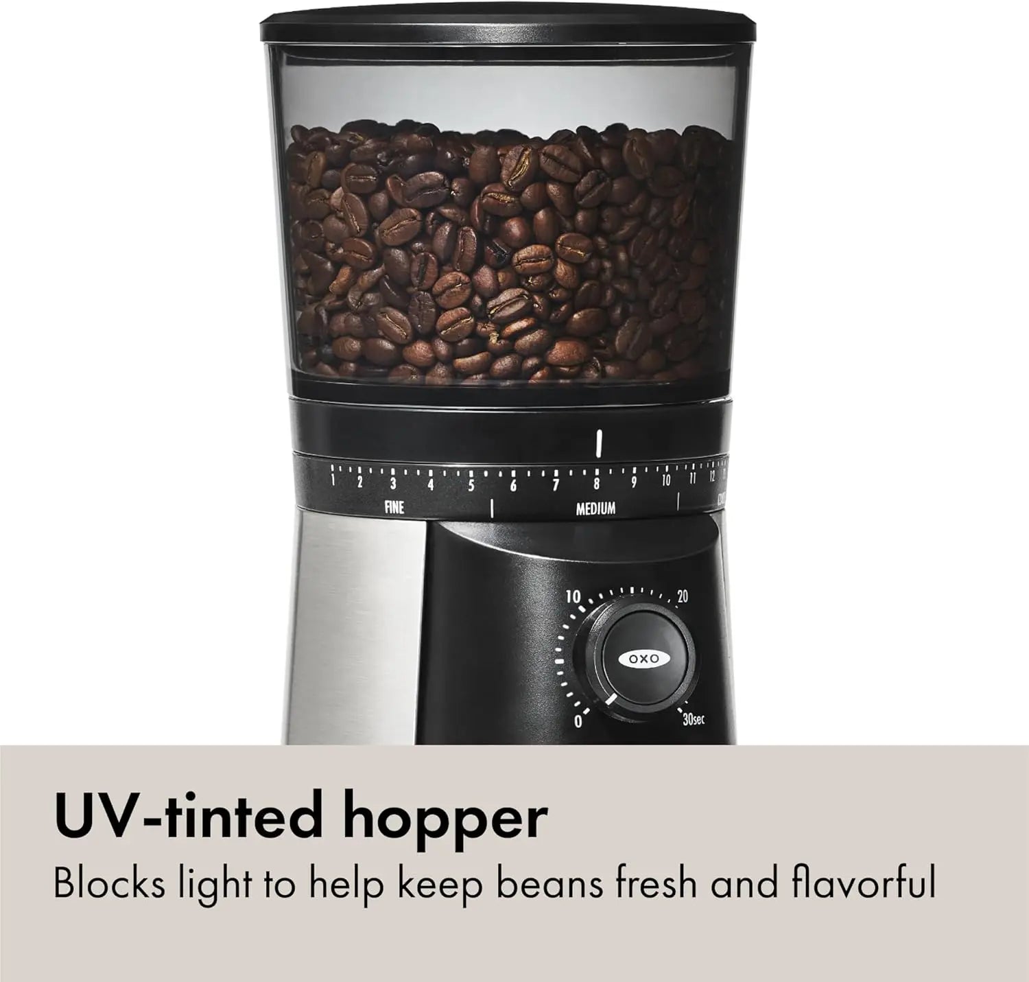OXO Brew Conical Burr Coffee Grinder - Silver, Stainless Steel Burrs, One-Touch Automatic Smart Grind - Crema Peaks Coffee