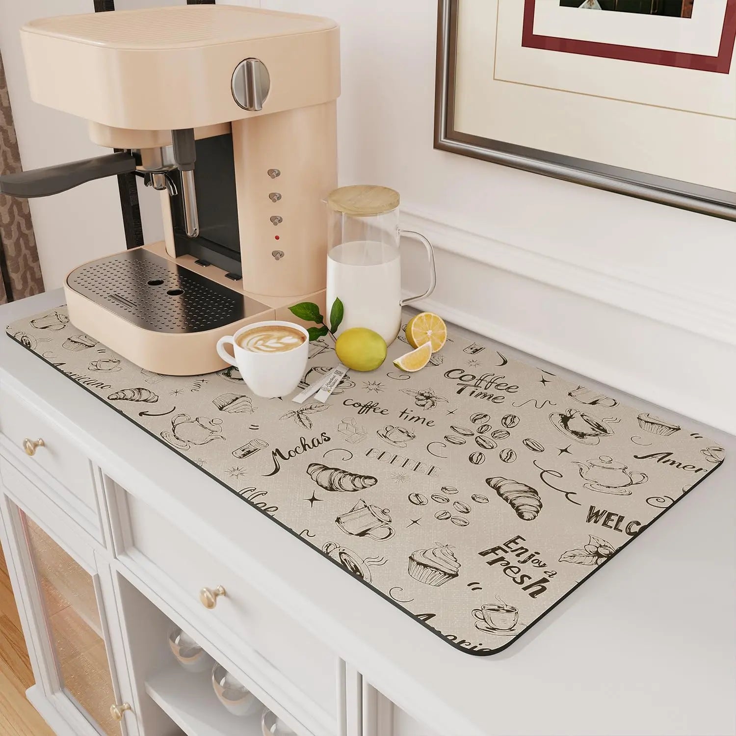 Coffee Mat Hide Stain Rubber Backed Absorbent Dish Drying Mat for Kitchen Counter -AMOAMI Mat Fits Under Coffee Maker or Machine - Crema Peaks Coffee